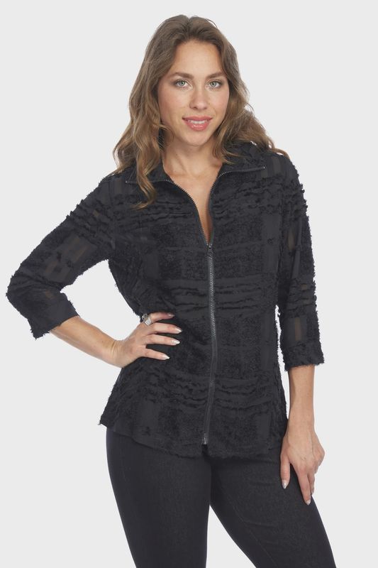 Lior Elegant Black Semi Sheer Zipper Jacket | Victoria