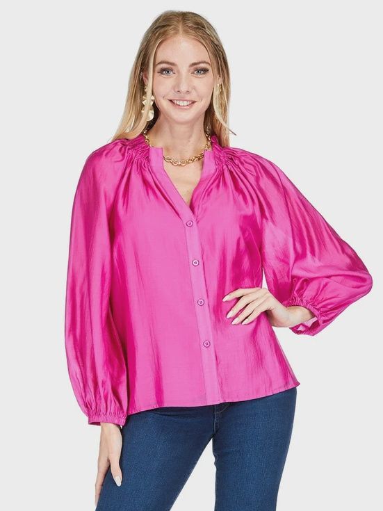 Jade Classic Split Neck Top in Cerise