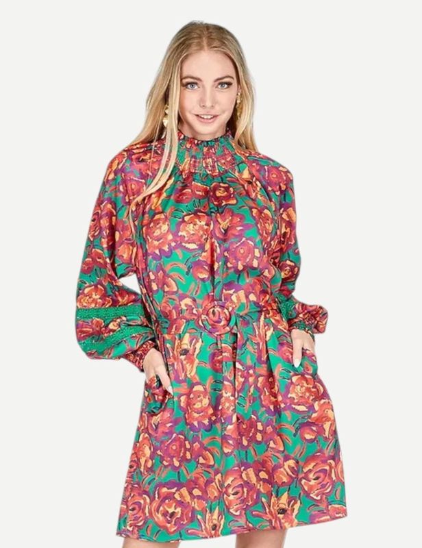 Joy Joy Fire Blossoms Lace Trim Dress