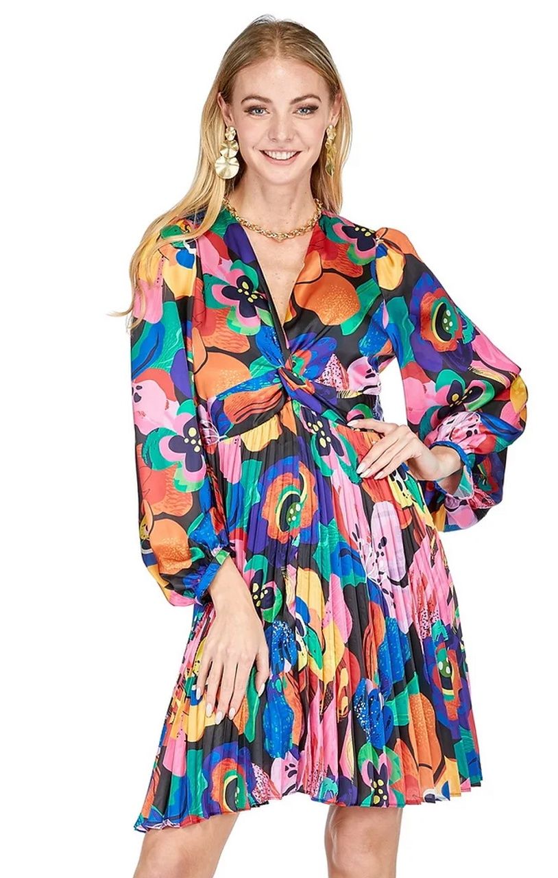 Joy Joy Blooming Art Front Twist Pleated Dress