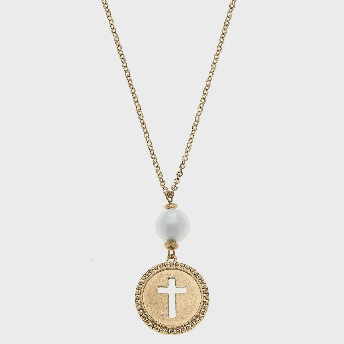 Canvas Candace Coin Cross with Pearl Necklace in Worn Gold