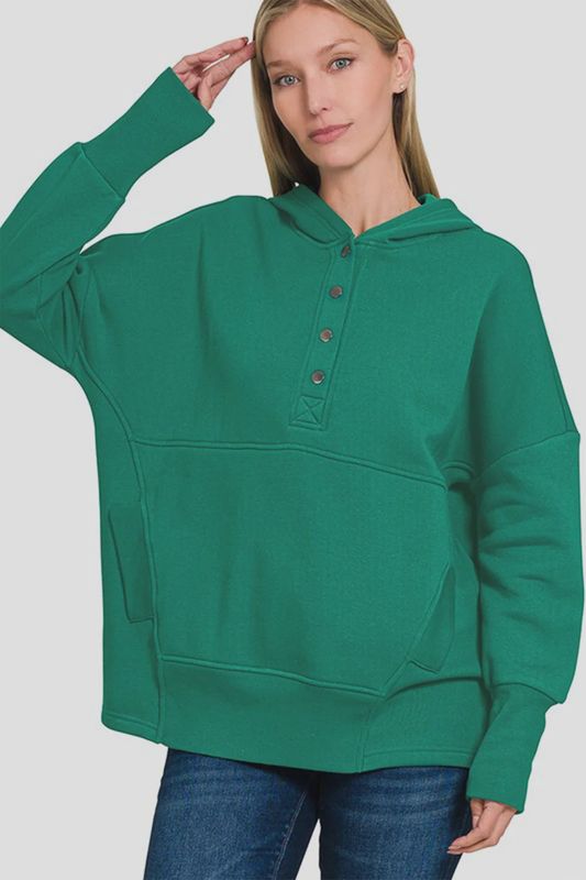 Zenana Green Half Snap Long Sleeve Hoodie