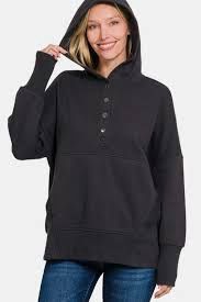Zenana Black Half Snap Long Sleeve Hoodie