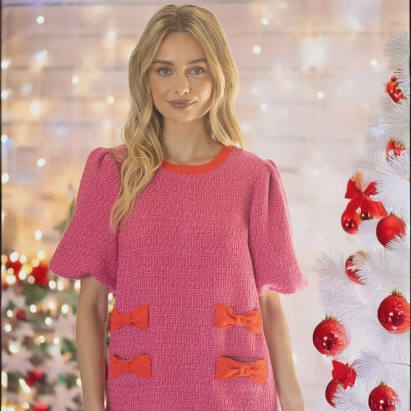VOY Tweed Puff Sleeve Ribbon Pocket Detail Dress