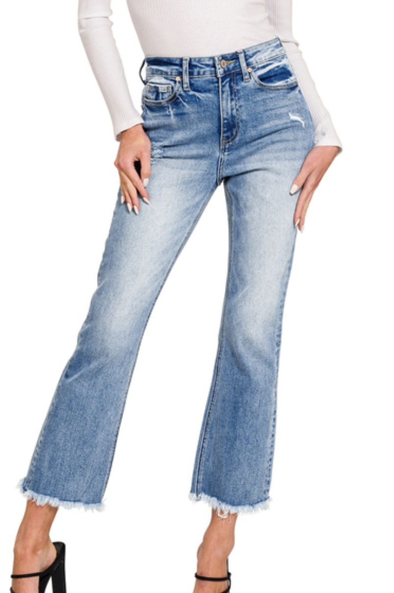 Zenana High Rise Straight Raw Hem Cropped Denim Pants