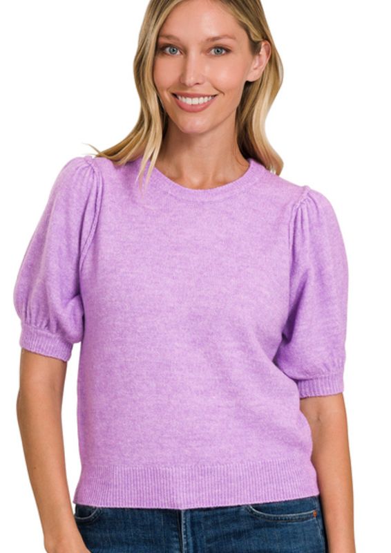 Zenana Heathered Lavender Melange Puff Sleeve Sweater