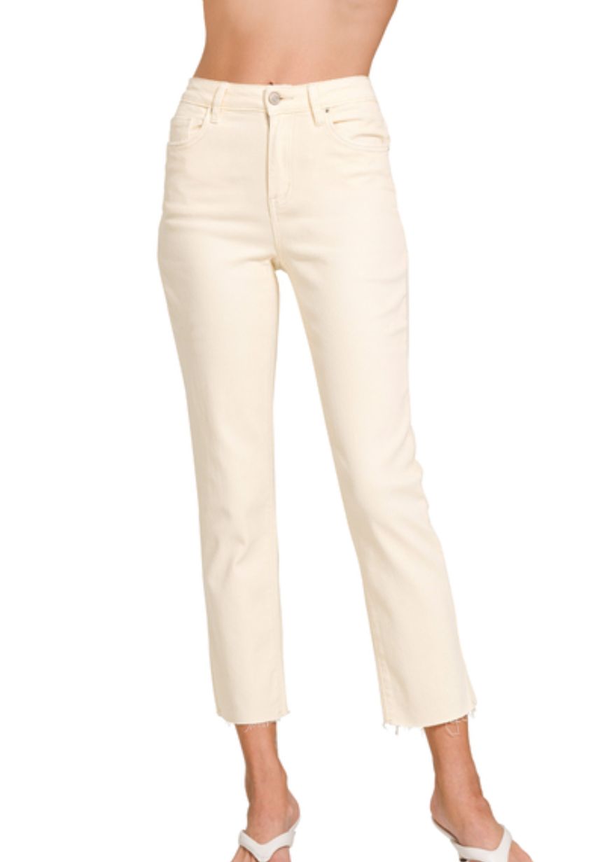 Zenana Cream Beige High Waist Acid Washed Straight Pants