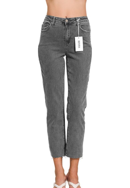 Zenana Ash Black High Waist Acid Washed Straight Pants
