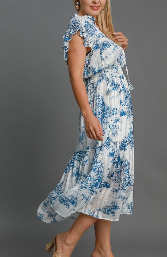 Umgee Blue Mix Two Tone Landscape Print Midi Dress