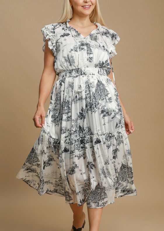 Umgee Black Mix Two Tone Landscape Print Midi Dress