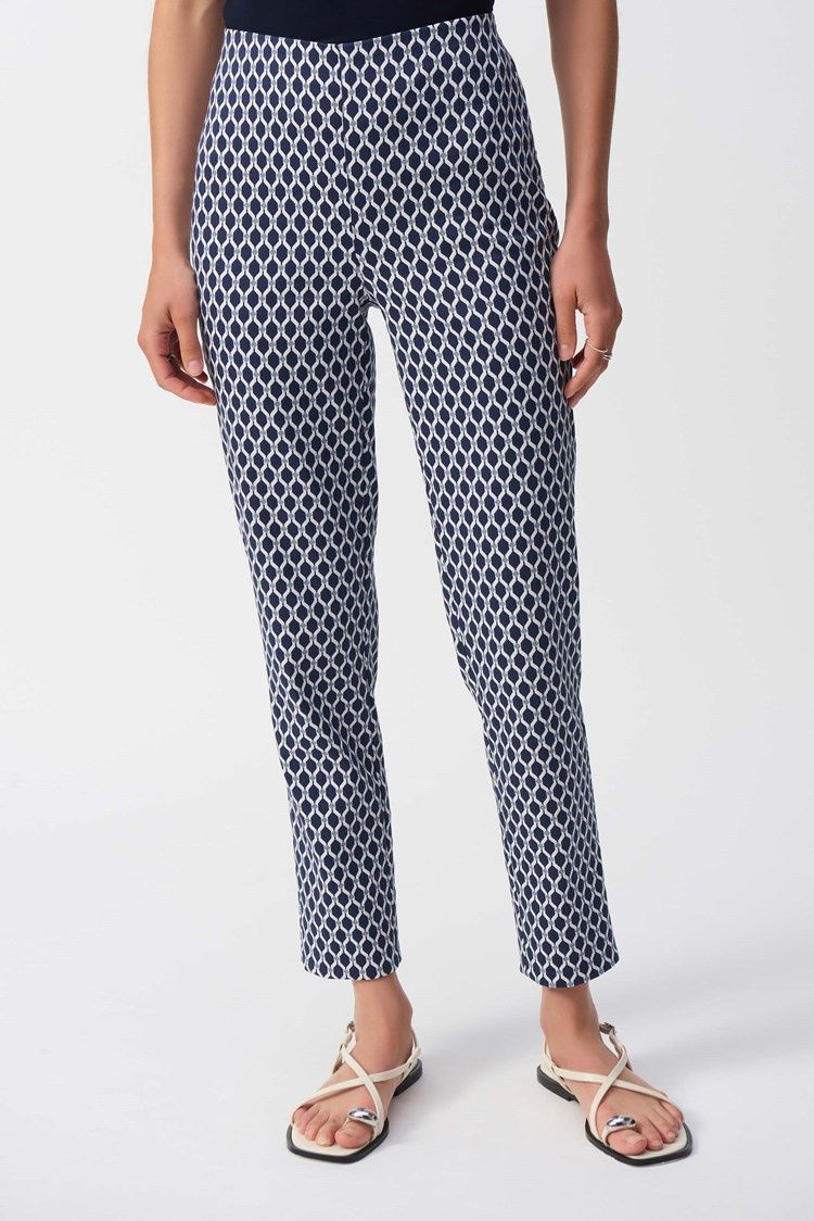 Joseph Ribkoff  Jacquard Geometric Print Slim Fit Pants Blue/White