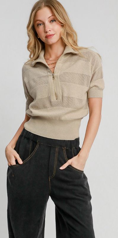 Umgee Taupe  Striped Half Sleeve Sweater Top