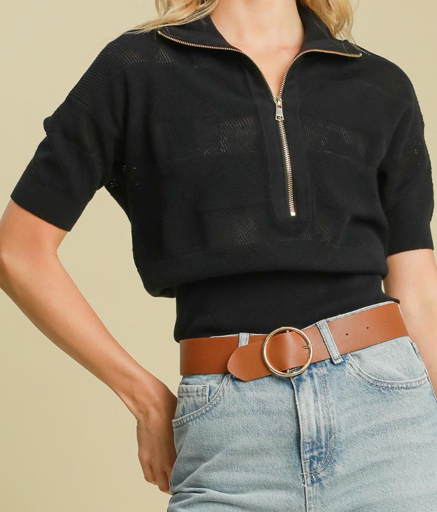 Umgee Black Striped Half Sleeve Sweater Top