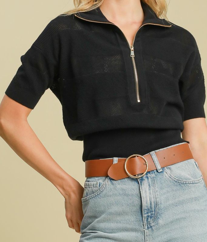 Umgee Black Striped Half Sleeve Sweater Top