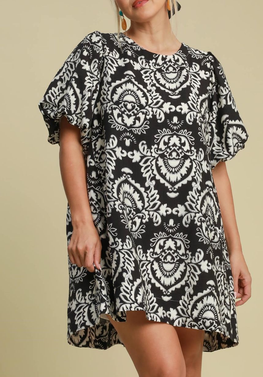 Umgee Black Botanical Print Puff Sleeved Dress