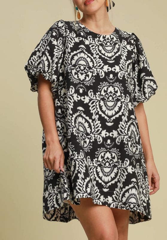 Umgee Black Botanical Print Puff Sleeved Dress