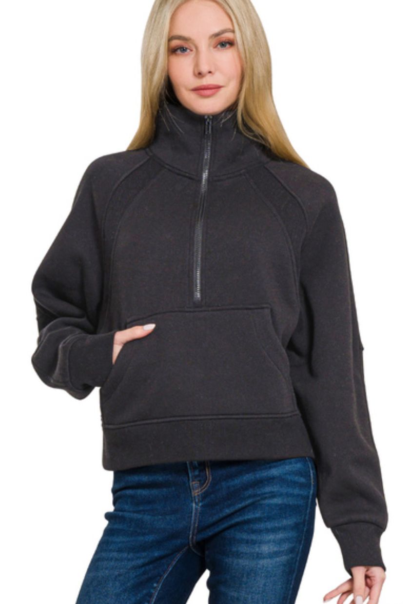 Zenana Fleece Half Zip Kangaroo Pocket Sweatshirts Black