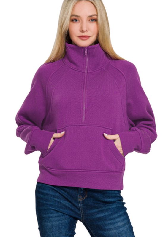 Zenana Fleece Half Zip Kangaroo Pocket Sweatshirts LT Plum