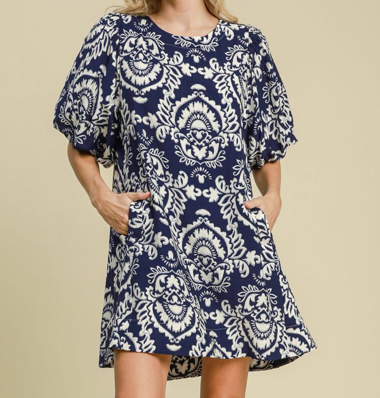 Umgee Navy Botanical Print Puff Sleeved Dress