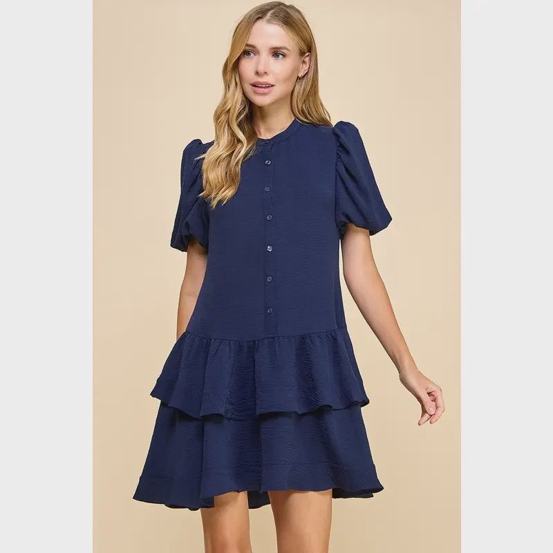 TCEC Tiered Skirt Button Down Dress Navy