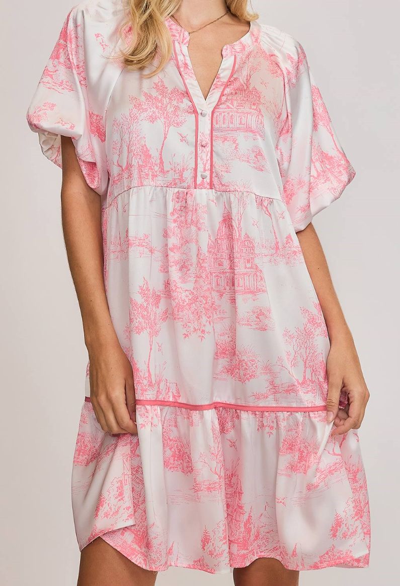 Umgee Two Tone Landscape Print Dress Coral Pink