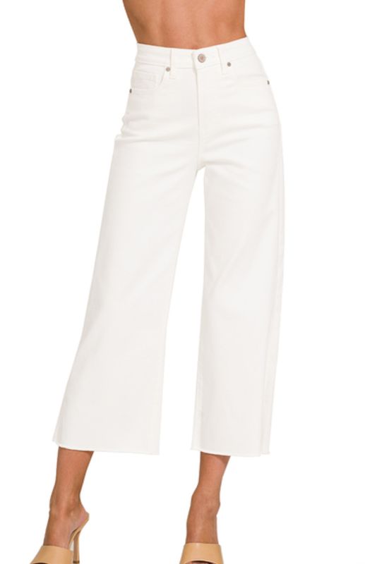 Zenana High Rise Wide Leg Cropped White Denim Pants