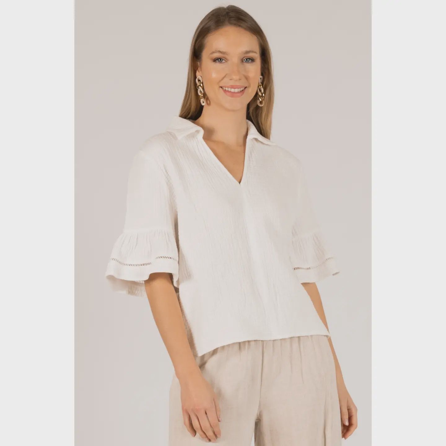 Before You 3-Ply Gauze Collared V-Neck Eyelet Detail Top Off White