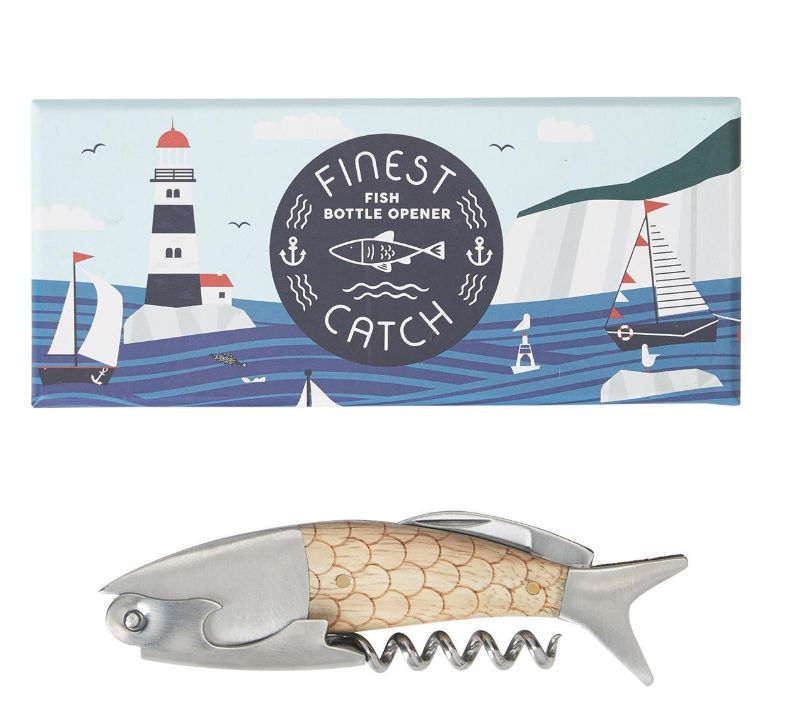 Two&#39;s Company The Finest Catch 3-in-1 Fish Bottle Tool Opener in Gift Box Includes: Bottle Opener, Corkscrew, Knife - Rubber Wood/Stainless Steel