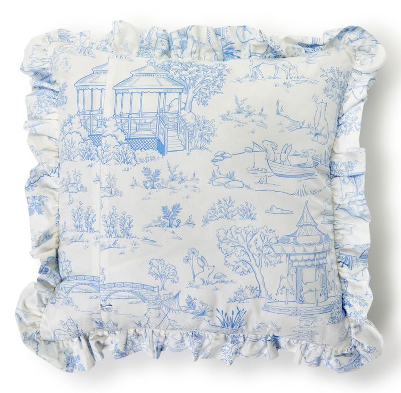 Two&#39;s Company Blue Baby Animal Toile Decorative Pillow with Ruffle and Pipping Details and Zipper Closure Cotton/Polyester Fill
