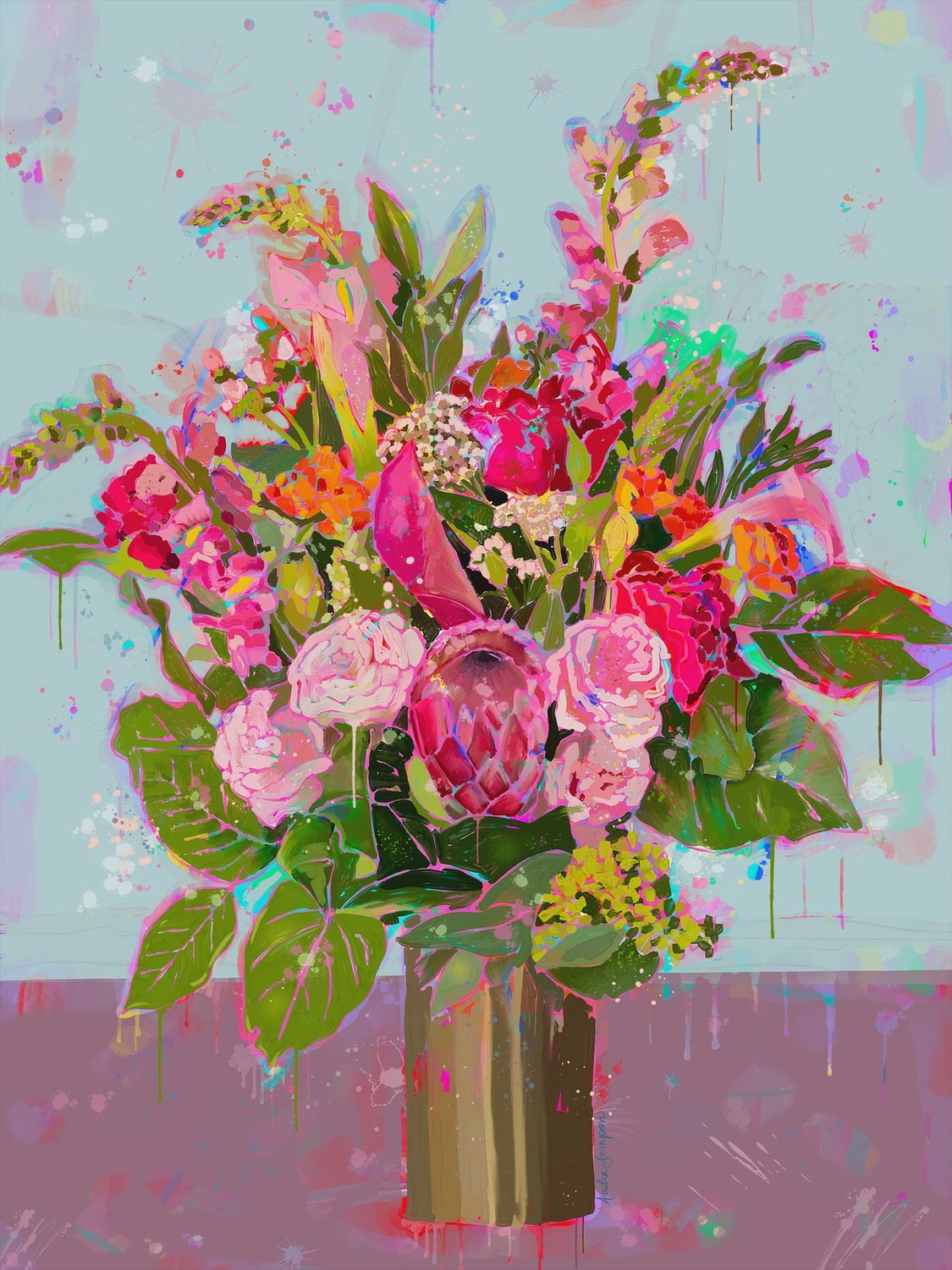 Audra Style Brass Vase Colorful Floral Art Print on Paper or Canvas 8x10 Print on Paper