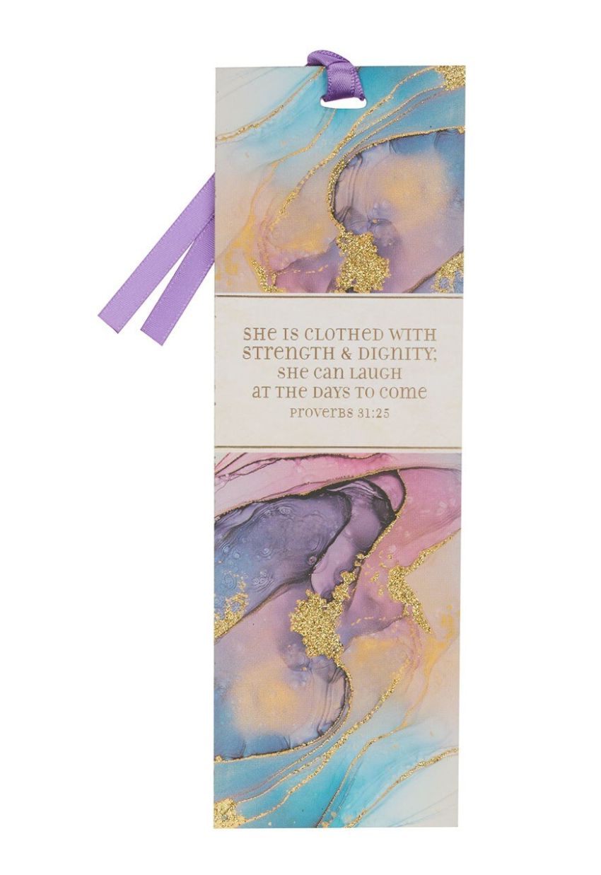 Christian Art Strength &amp; Dignity Purple Marbled Premium Bookmark - Proverbs 31:25