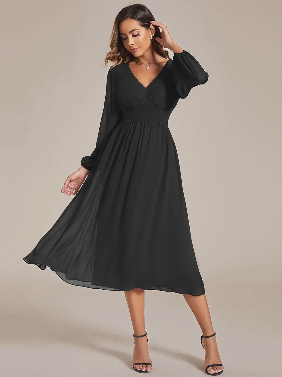 Black Knee Length Long Sleeves Chiffon Formal Dress