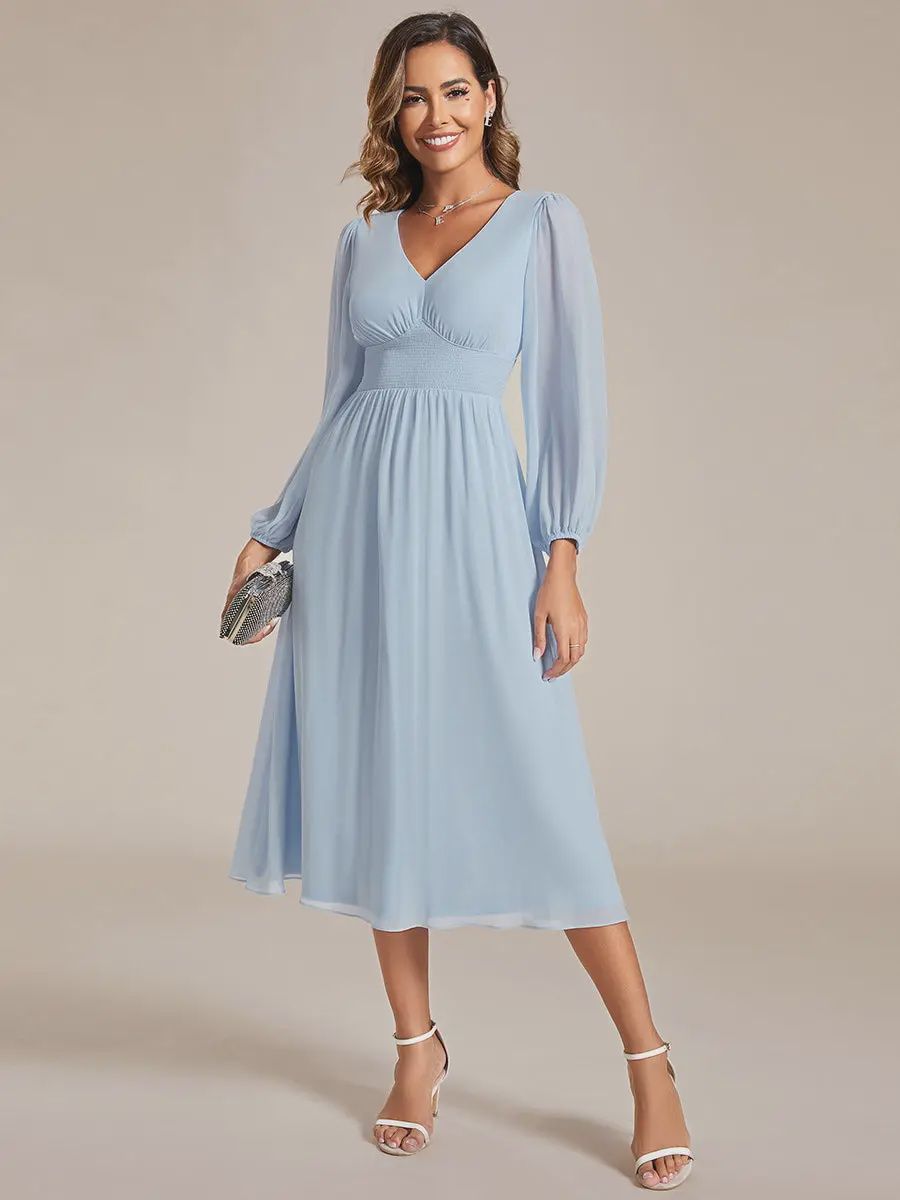 Ice Blue Knee Length Long Sleeves Chiffon Formal Dress