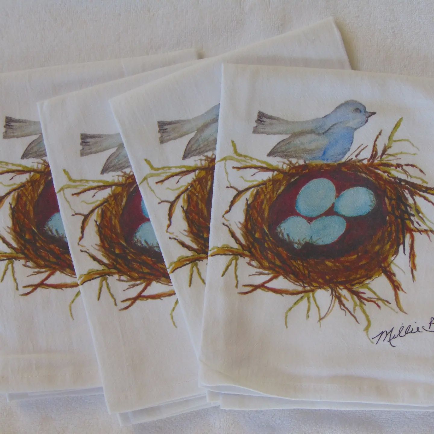 Lowcountry Linens Limited Edition Watercolor Birds Nest Flour Sack Napkins