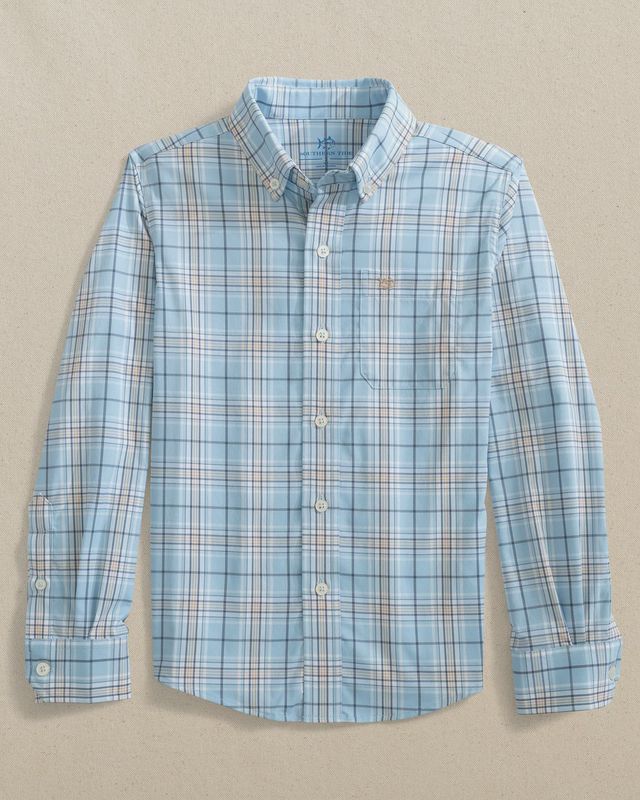 Southern Tide Cerulean Youth Boys Intercoastal River Point Plaid Sport Shirt