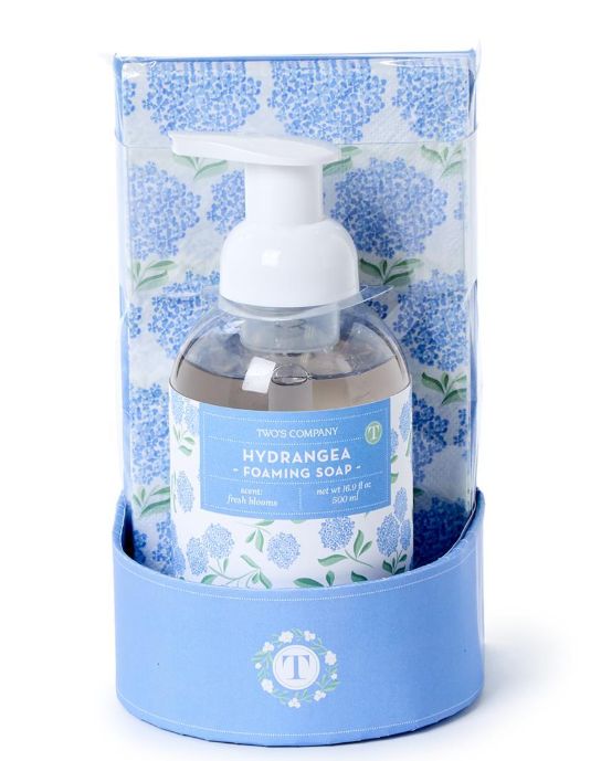 Two&#39;s Company Hydrangea Flower Scented Foaming Soap with 20 Pc Guest Towels Set - 16.9 oz.