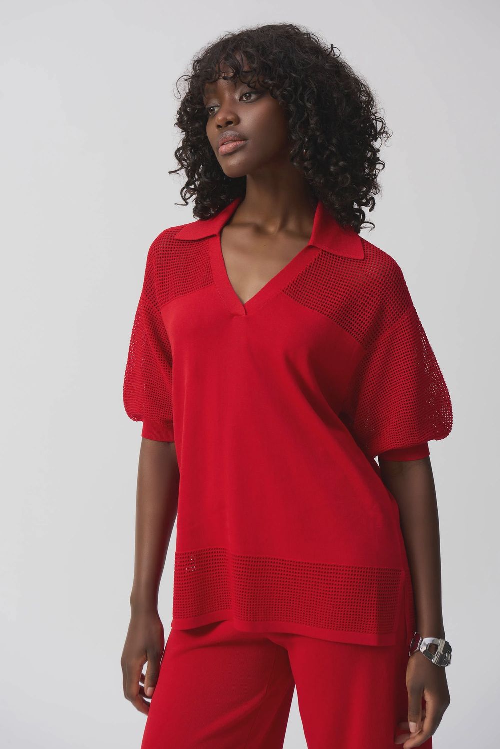 Joseph Ribkoff Sweater Knit Pullover With Pointelle Detail- Radiant Red