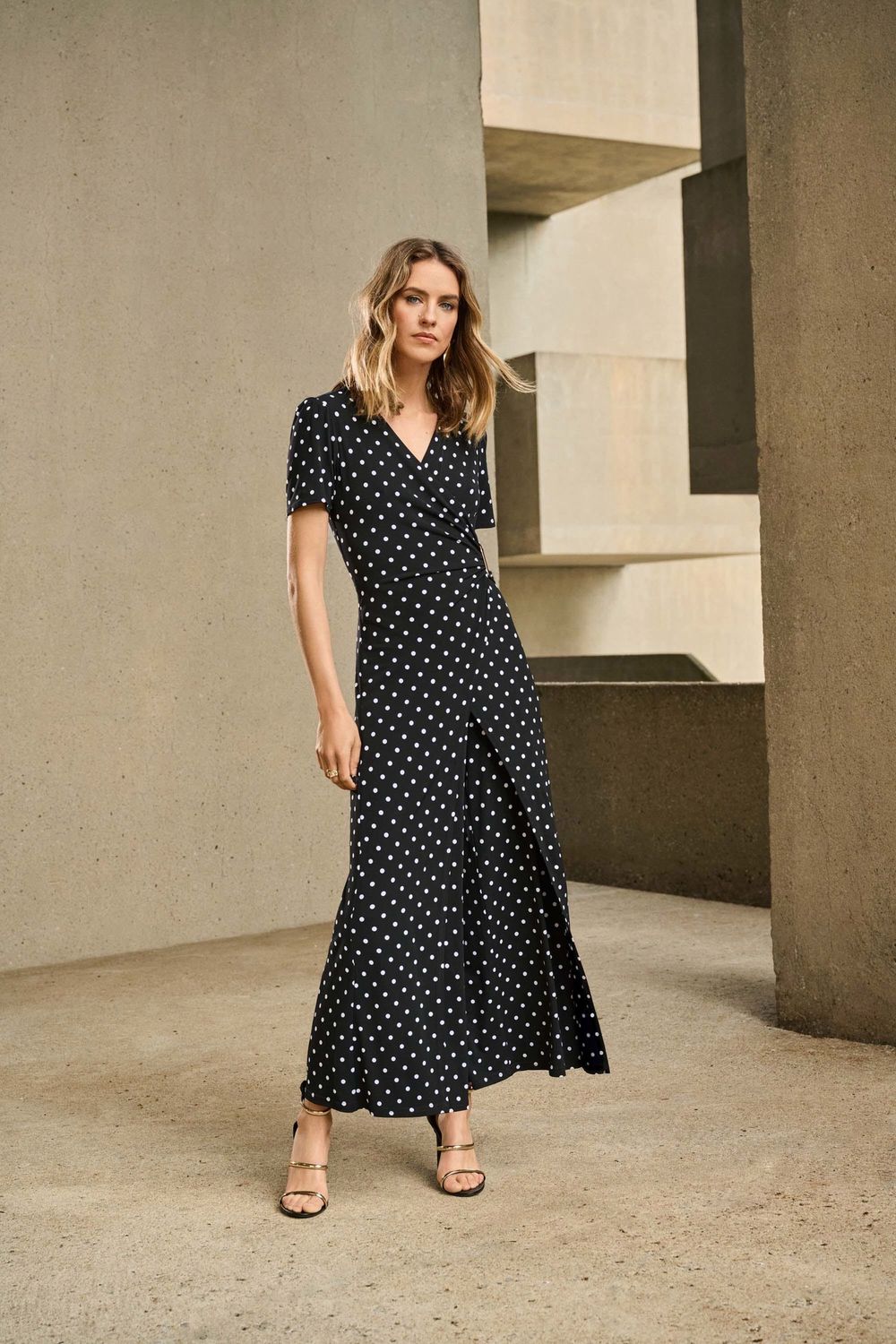 Joseph Ribkoff Silky Knit Dot Print Wrap Culotte Jumpsuit- Black/Vanilla