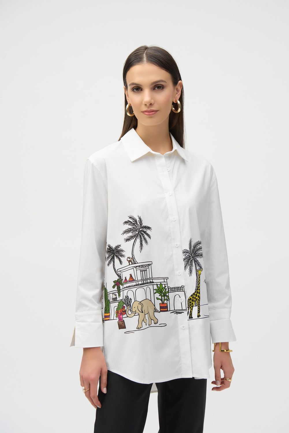 Joseph Ribkoff Stretch Poplin Conversational Print Blouse- White/Multi