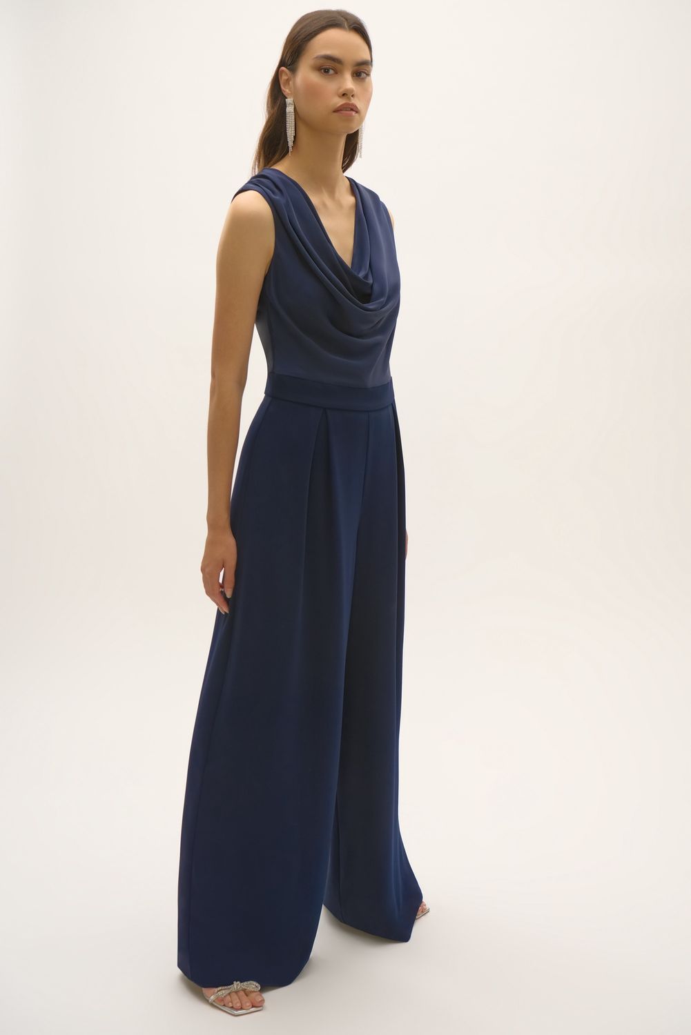 Joseph Ribkoff Signature | Satin and Crepe Wide Leg Jumpsuit- Midnight Blue