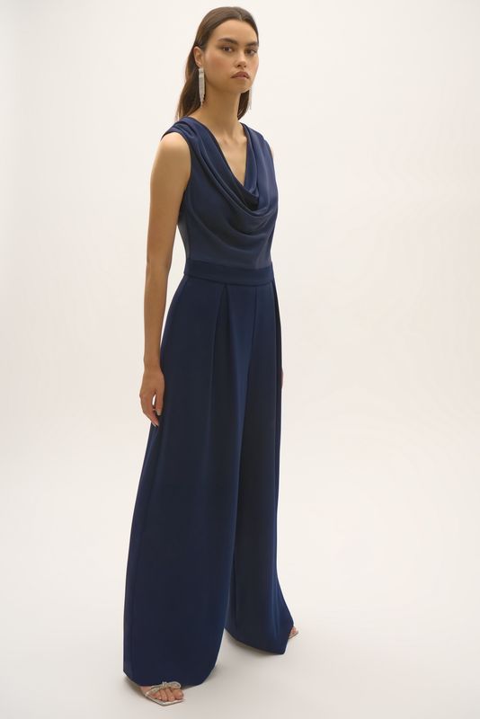 Joseph Ribkoff Signature | Satin and Crepe Wide Leg Jumpsuit- Midnight Blue