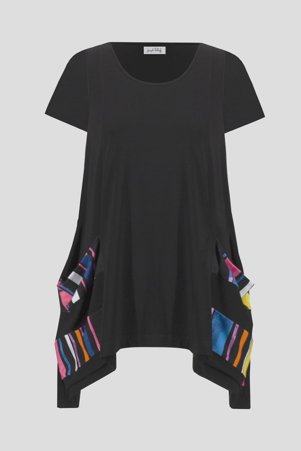 Joseph Ribkoff Silky Knit Stripe Print Handkerchief Tunic- Black/Multi