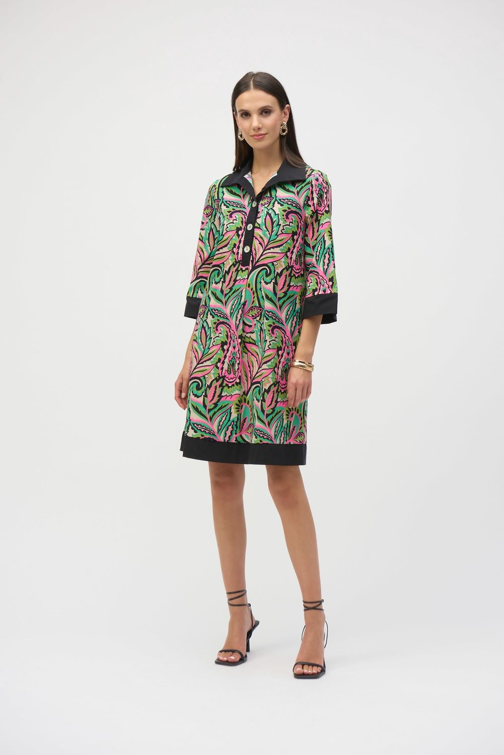 Joseph Ribkoff Poplin Paisley Print A-Line Dress- Black/Mutli