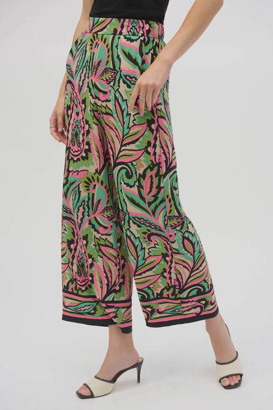 Joseph Ribkoff Woven Paisley Print Wide-Leg Pants- Black/Multi