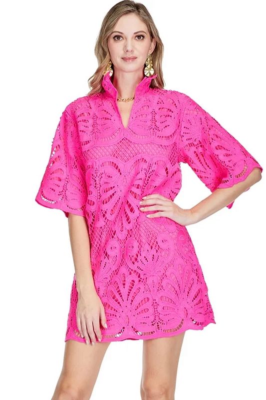 Jade Pink Lace High Neck Short Sleeve Tunic Dress