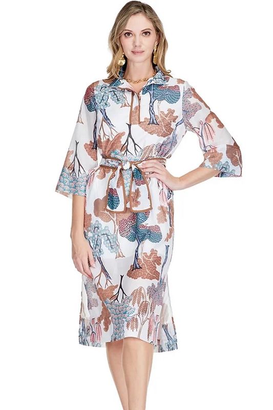Jade Mirrored Harvest Stand Collar Trim Midi Dress
