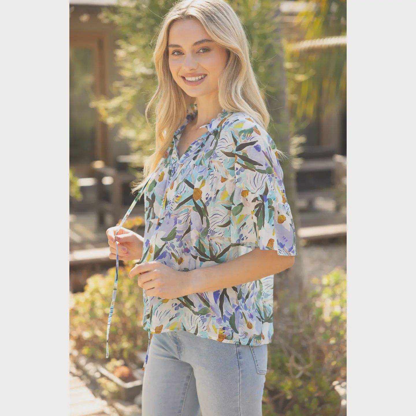 VOY V Neckline Tie Front Floral Print Top- Multi