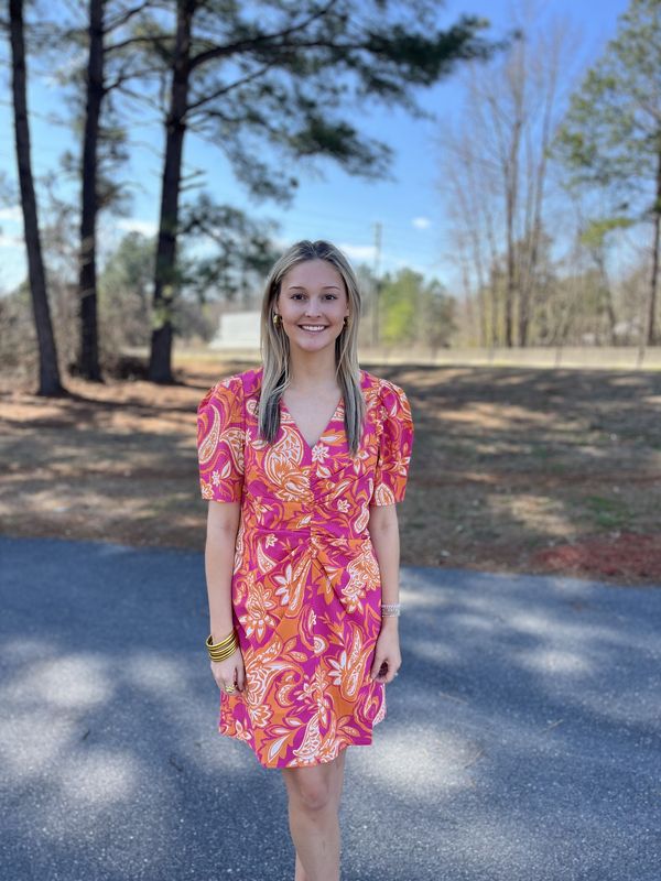 Jade Blossom Swirl Ruched Short Sleeve Dress