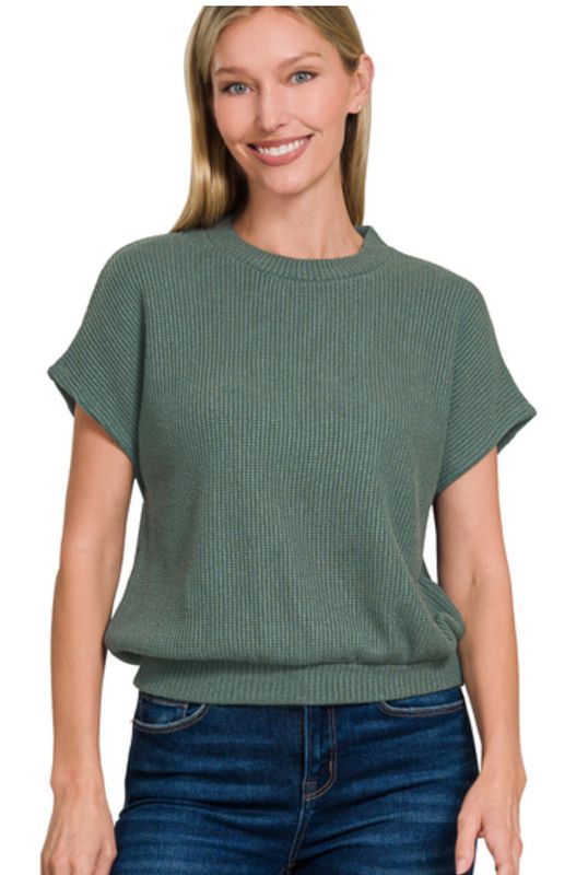 Zenana Round Neck Banded Botton Short Sleeve Sweater- Ash Jade