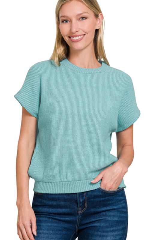 Zenana Round Neck Banded Botton Short Sleeve Sweater- Dusty Teal